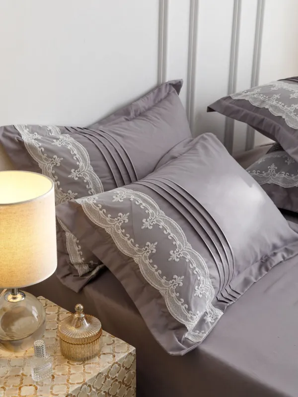 Lenjerie de pat din finet, cu pliuri si inimioare brodate,Gri-BR12 [3]
