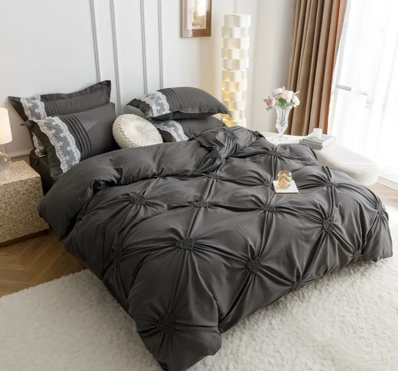 Lenjerie de pat din finet, cu pliuri si inimioare brodate,Gri inchis-BR14 [5]