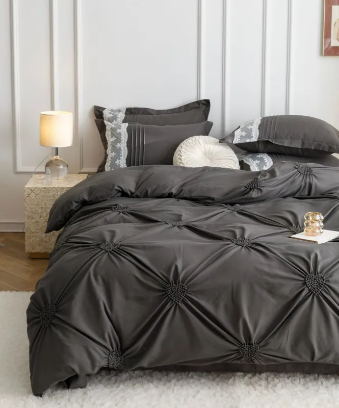 Lenjerie de pat din finet, cu pliuri si inimioare brodate,Gri inchis-BR14 [7]