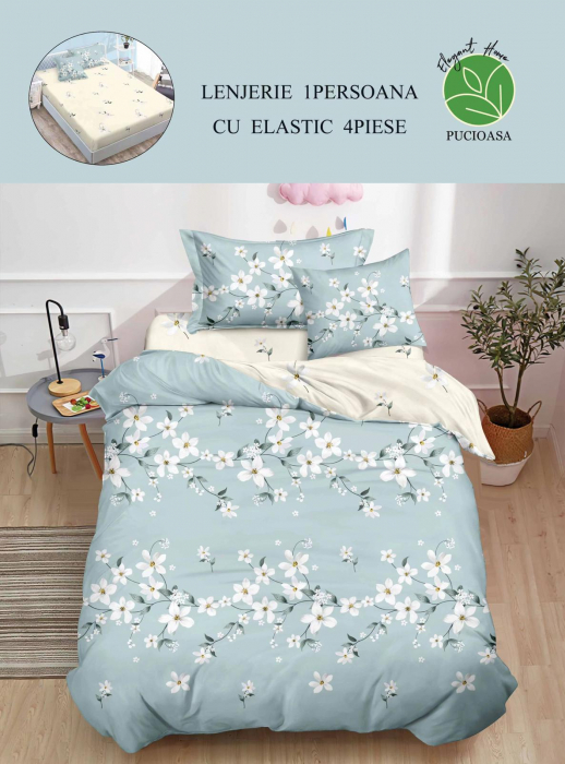 Lenjerie de pat Finet 1 Persoana cu Elastic,Alb,Bujori-YE37 [2]