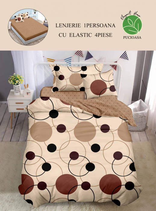 Lenjerie de pat Finet 1 Persoana cu Elastic,Bej/Maro,Buline-YE42 [1]