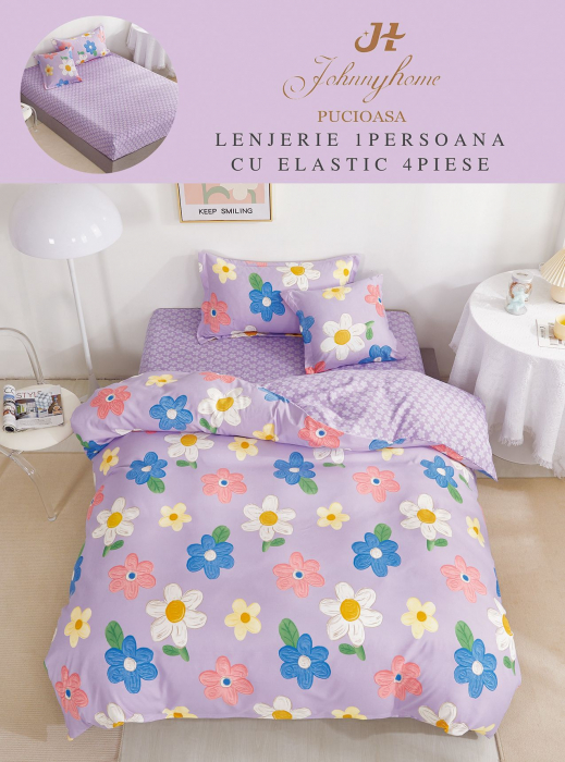 Lenjerie de pat Finet 1 Persoana cu Elastic,Lila cu flori colorate -YE79 [1]