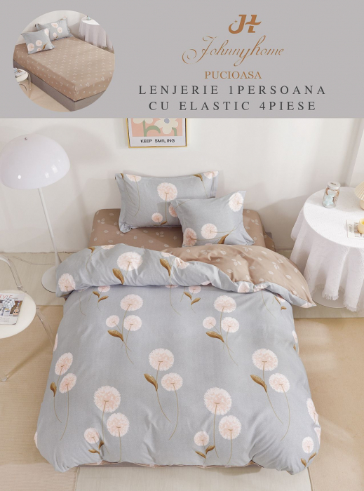 Lenjerie de pat Finet 1 Persoana cu Elastic,Maro-Gri cu flori -YE84 [1]