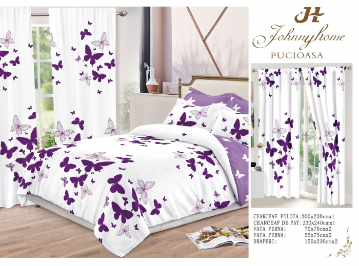 Lenjerie de pat Finet, 6 piese+ 2 Draperii CADOU,Fluturi-FD02 [2]