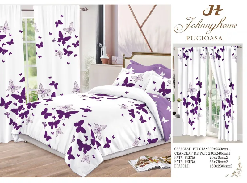 Lenjerie de pat Finet, 6 piese+ 2 Draperii CADOU,Fluturi-FD02 [2]