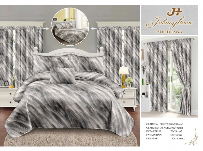 Lenjerie de pat Finet, 6 piese+ 2 Draperii CADOU,Gri DEGRADE-FD23 [1]