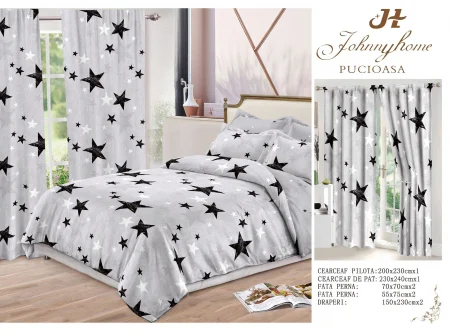 Lenjerie de pat Finet, 6 piese+ 2 Draperii CADOU,Gri,Stelute-FD10 [3]