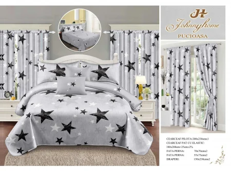 Lenjerie de pat Finet, 6 piese+ 2 Draperii CADOU,Gri,Stelute-FD10 [2]