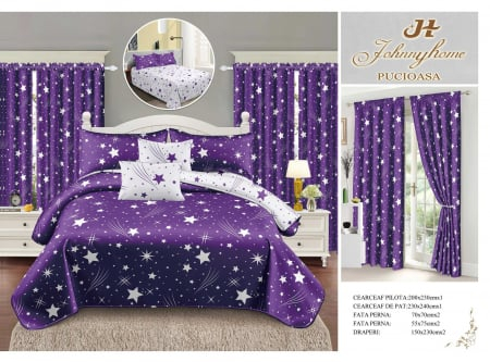 Lenjerie de pat Finet, 6 piese+ 2 Draperii CADOU,Mov Stelute-FD17 [3]