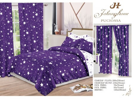 Lenjerie de pat Finet, 6 piese+ 2 Draperii CADOU,Mov Stelute-FD17 [2]
