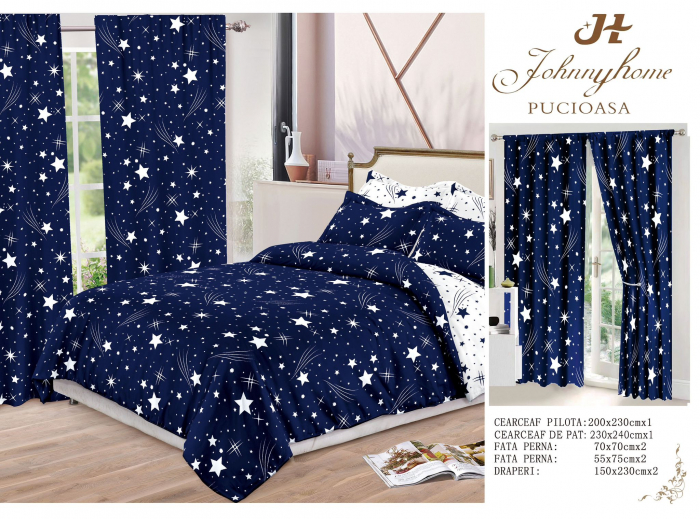 Lenjerie de pat Finet, 6 piese+ 2 Draperii CADOU,Bleumarin-FD07 [2]