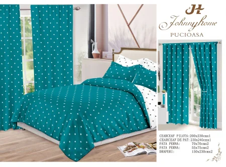 Lenjerie de pat Finet, 6 piese+ 2 Draperii CADOU,Verde cu Stelute-FD13 [2]