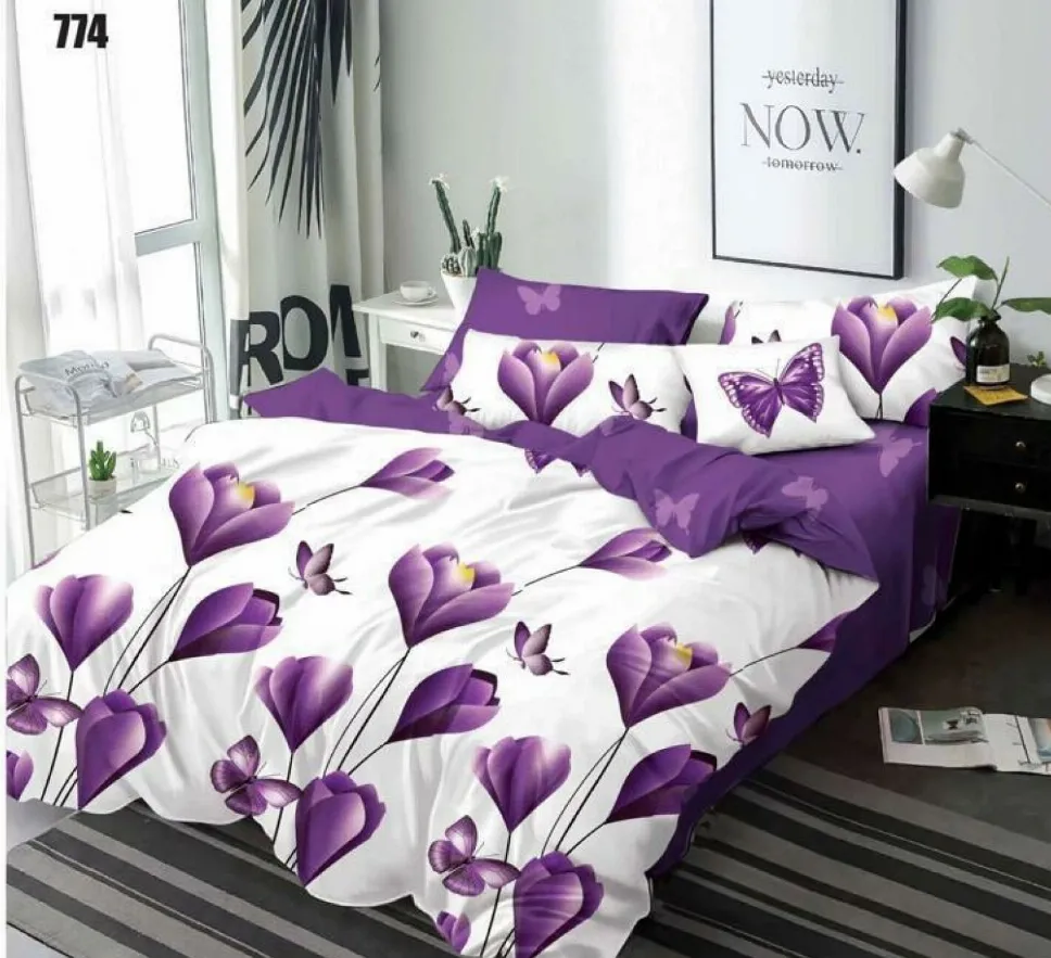 Lenjerie de pat Finet 6 piese, alb cu lalele si fluturi violet-LP774 [1]