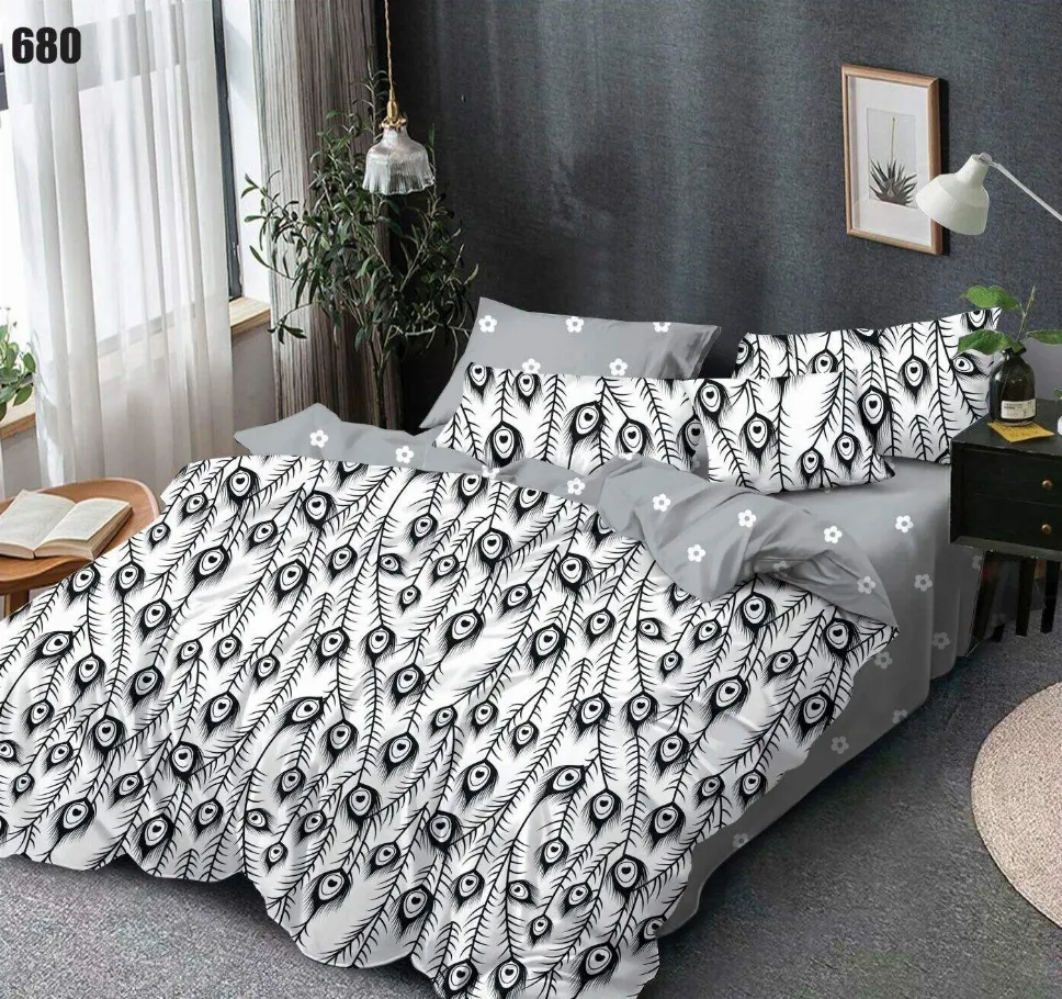 Lenjerie de pat Finet 6 piese, alb cu motive de pene gri-LP680 [1]