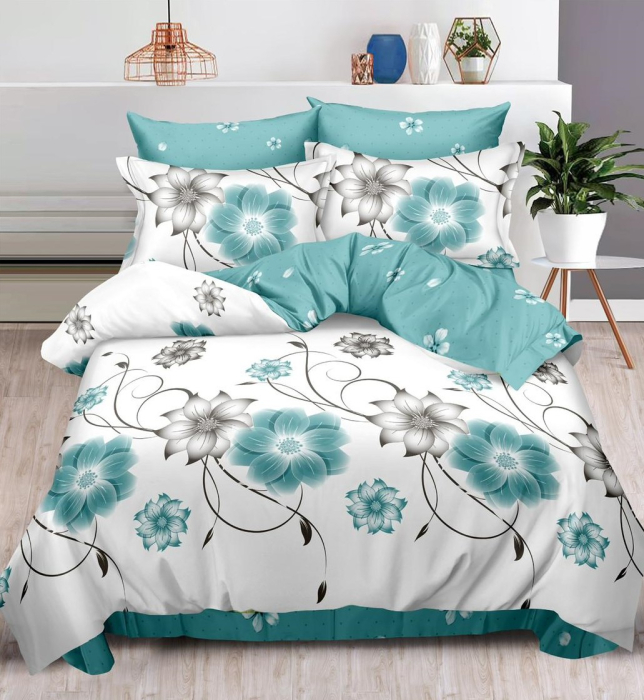 Lenjerie de pat Finet Pucioasa 6 piese,Alb/Turcoaz,Floricele-R464 [1]