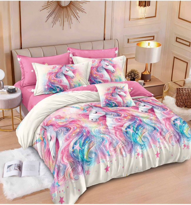 Lenjerie de pat Finet Pucioasa 6 piese,Roz cu UNICORN colorat-R584 [1]
