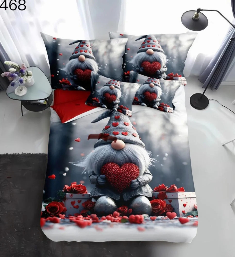 Lenjerie pentru pat dublu cu Mos Craciun din FINET cu 6 piese, acvetic cu pitici si inimioare rosii-GR468 [1]