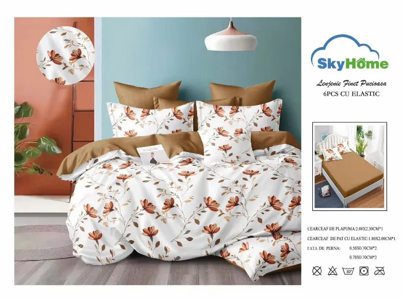 Lenjerii de pat Finet 6 piese cu Elastic, Alb cu flori maro si portocalii-SKE23 [1]