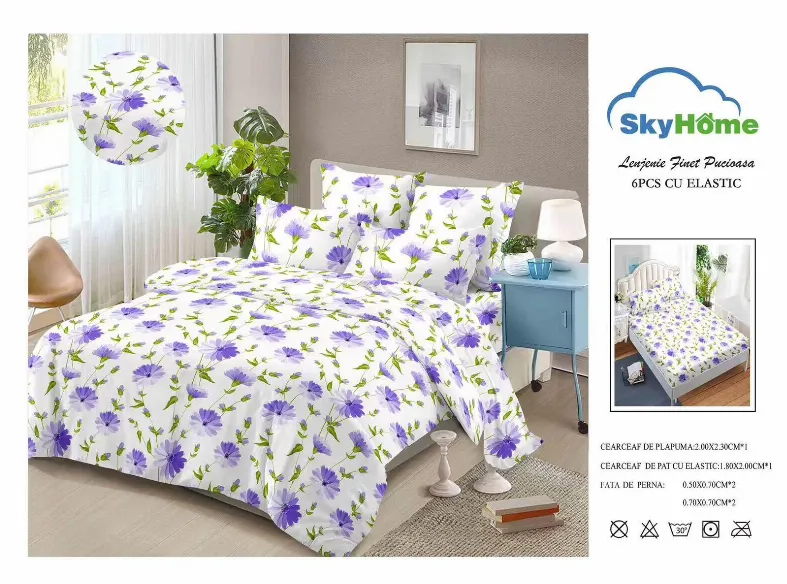 Lenjerii de pat Finet 6 piese cu Elastic, alb cu flori mov-SKE25 [1]