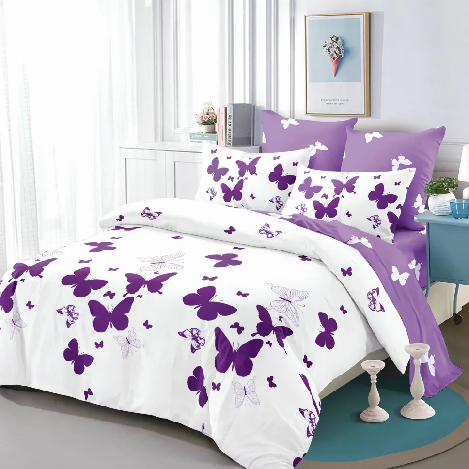 Lenjerii de pat Finet 6 piese cu Elastic, alb cu fluturi mov-FEL258 [1]