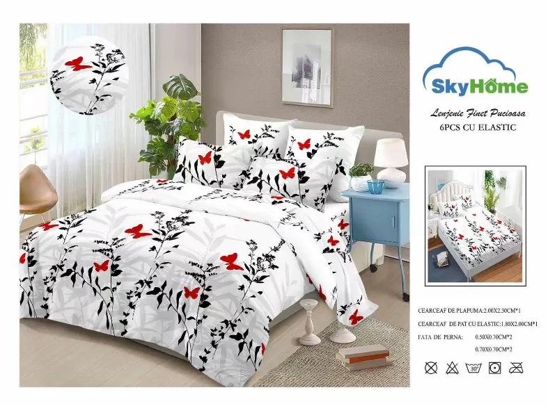 Lenjerii de pat Finet 6 piese cu Elastic, alb cu fluturi rosii si negri-SKE27 [1]