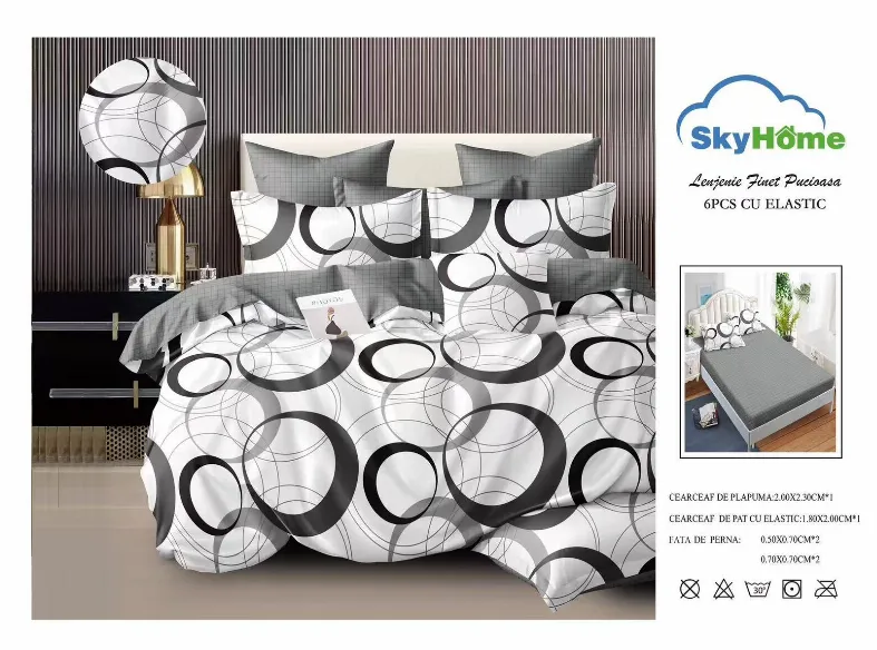 Lenjerii de pat Finet 6 piese cu Elastic, alb cu inele negre si gri-SKE31 [1]
