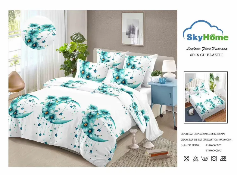 Lenjerii de pat Finet 6 piese cu Elastic, alb cu lune si flori turcoaz-SKE26 [1]