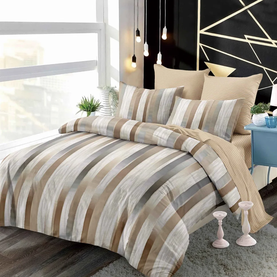 Lenjerii de pat Finet 6 piese cu Elastic, bej cu dungi gri-FEL300 [1]