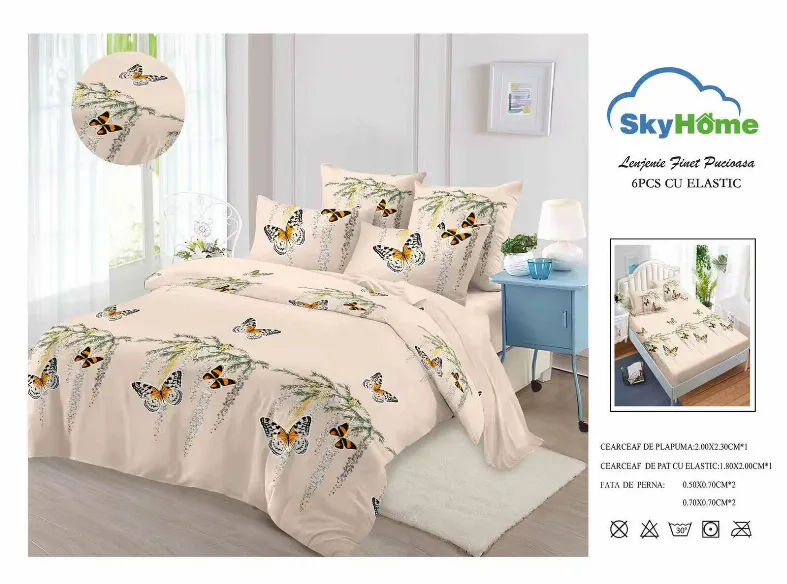 Lenjerii de pat Finet 6 piese cu Elastic, bej cu fluturi si ramuri verzi-SKE24 [1]