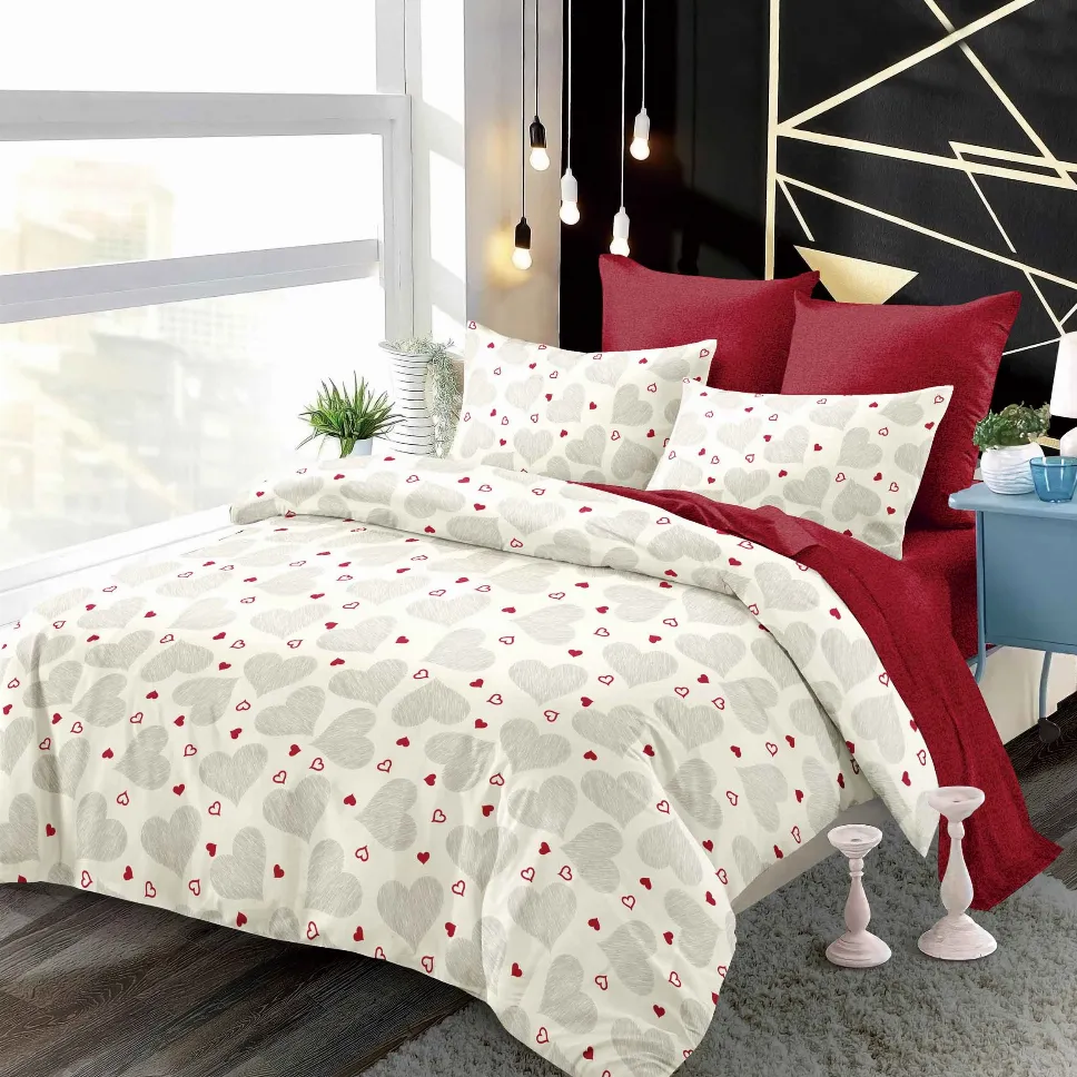 Lenjerii de pat Finet 6 piese cu Elastic, bej cu inimioare roșii și gri-FEL261 [1]