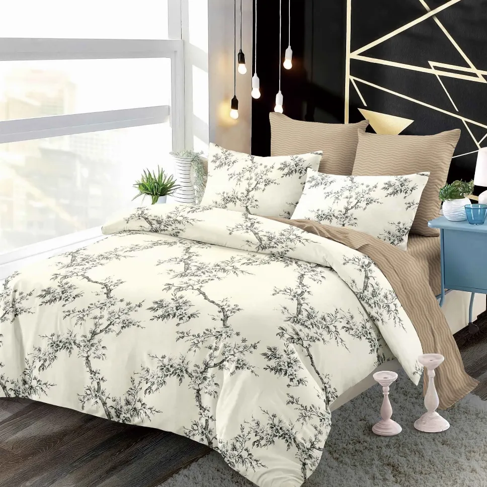 Lenjerii de pat Finet 6 piese cu Elastic, crem cu ramuri negre stilizate-FEL266 [1]