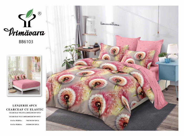 Lenjerii de pat Finet 6 piese cu Elastic, cu imprimeu floral cu păpădii -FEL418 [2]