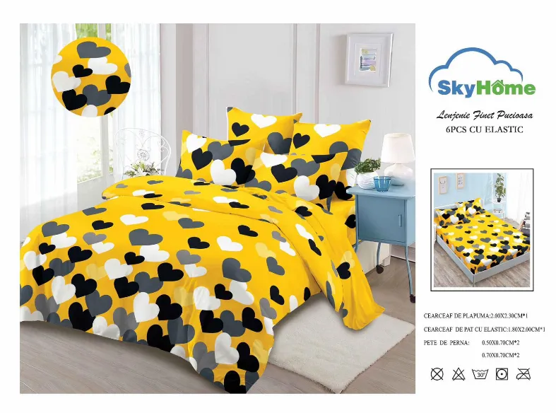 Lenjerii de pat Finet 6 piese cu Elastic, galben cu inimioare negre gri albe-SKE29 [1]