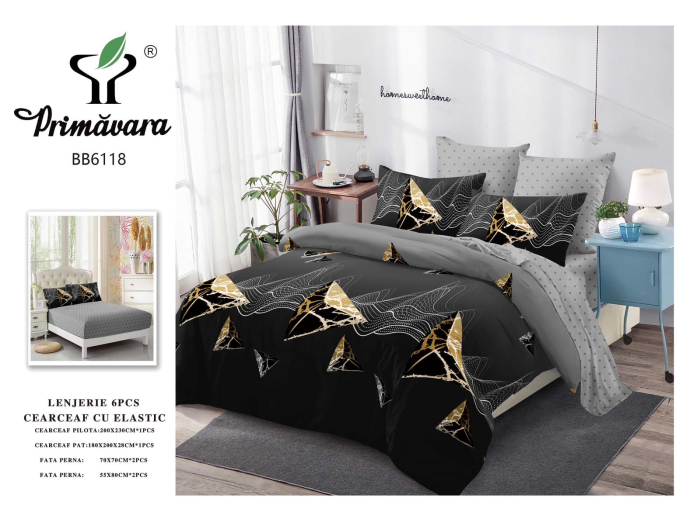 Lenjerii de pat Finet 6 piese cu Elastic,Galben/Gri cu Gene-FEL246 [2]