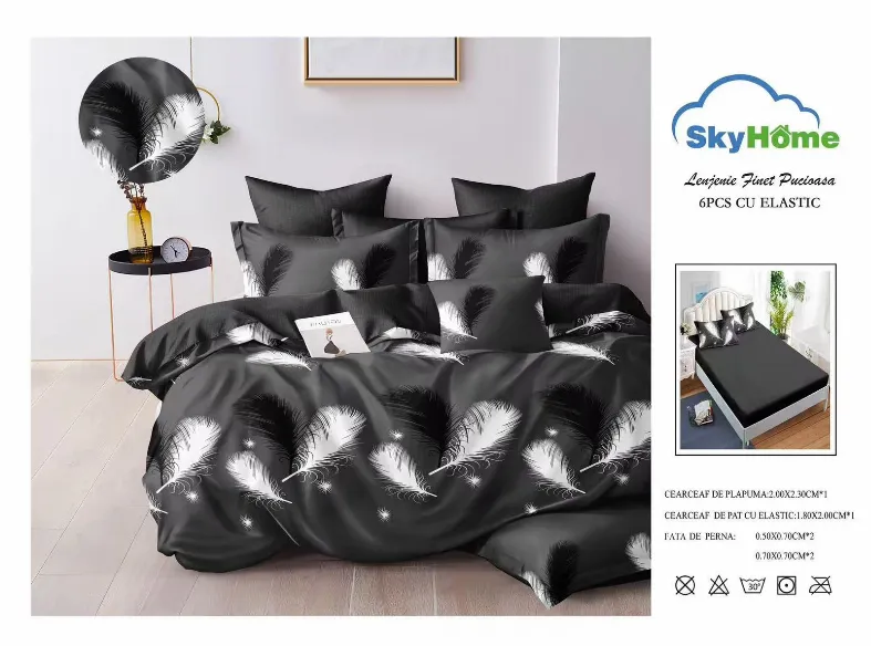 Lenjerii de pat Finet 6 piese cu Elastic, gri cu pene albe si negre-SKE30 [1]