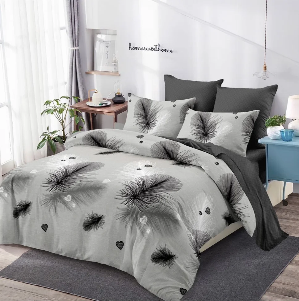 Lenjerii de pat Finet 6 piese cu Elastic, gri cu pene negre si inimioare-FEL294 [1]