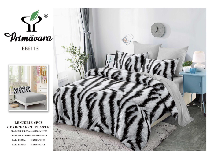 Lenjerii de pat Finet 6 piese cu Elastic, imprimeu modern tip zebra-FEL408 [2]