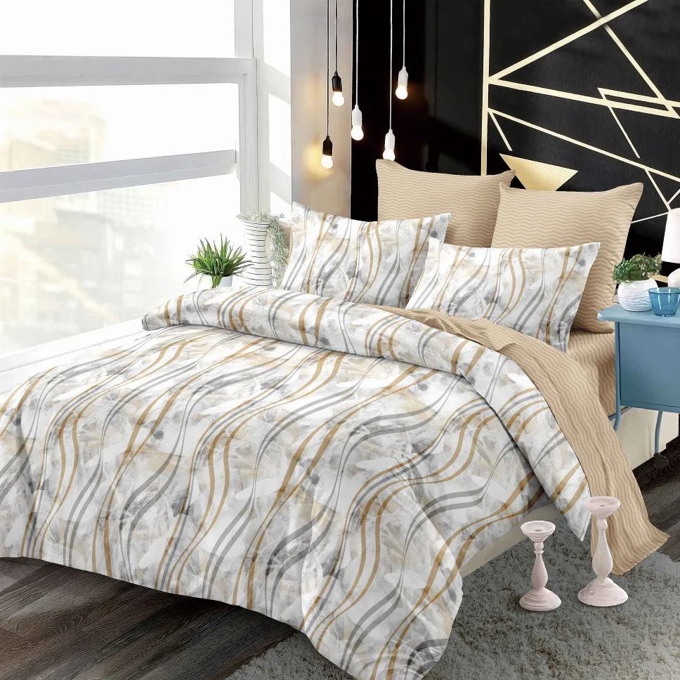 Lenjerii de pat Finet 6 piese cu Elastic, model abstract crem cu auriu-FEL301 [1]