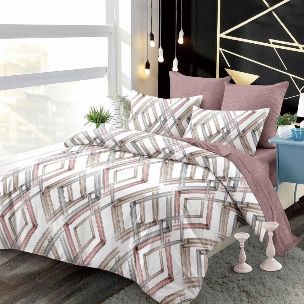 Lenjerii de pat Finet 6 piese cu Elastic, model abstract geometric alb cu roz-FEL302 [1]