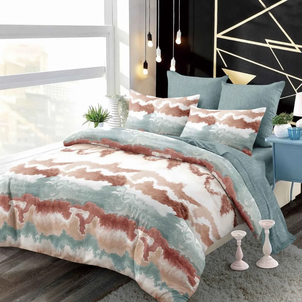 Lenjerii de pat Finet 6 piese cu Elastic, model abstract maro, alb si doverline-FEL296 [1]