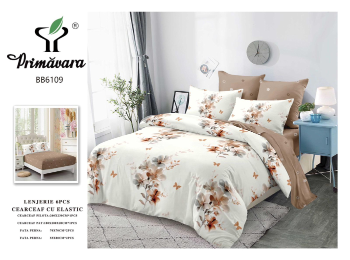 Lenjerii de pat Finet 6 piese cu Elastic,Model floral elegant în nuanțe de crem și maro-FEL414 [2]