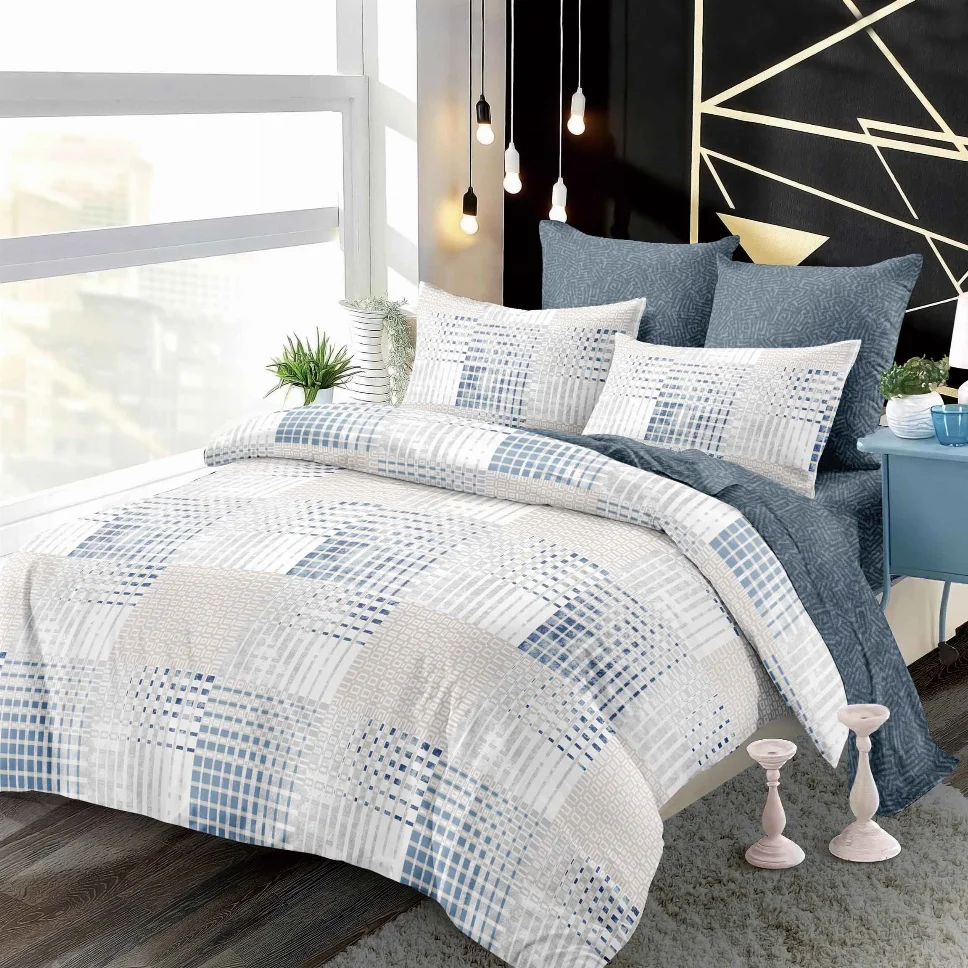 Lenjerii de pat Finet 6 piese cu Elastic, model geometric albastru si bej-FEL290 [1]