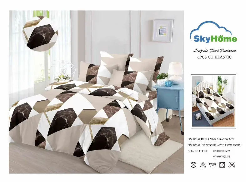 Lenjerii de pat Finet 6 piese cu Elastic, model geometric modern bej si maro-SKE22 [1]
