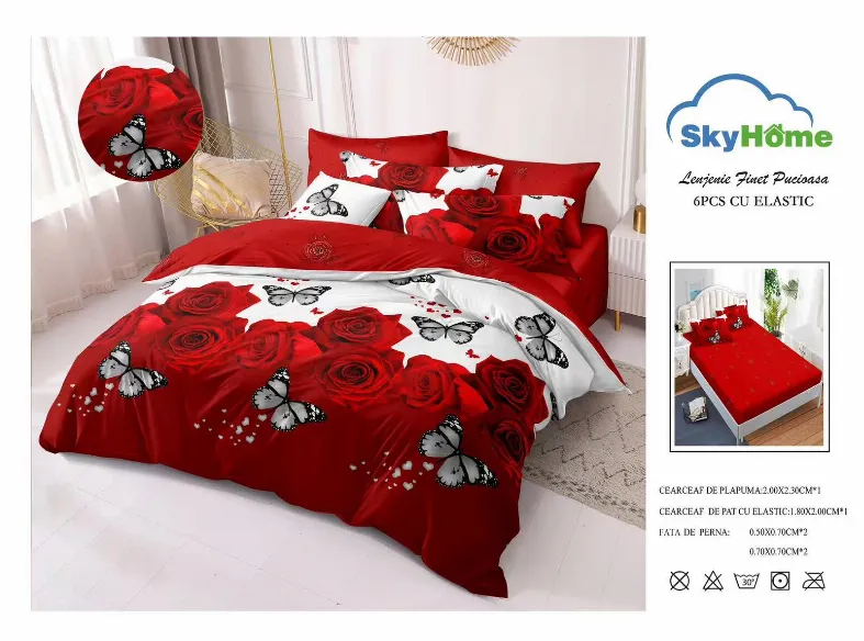 Lenjerii de pat Finet 6 piese cu Elastic, rosu cu trandafiri si fluturi-SKE28 [1]