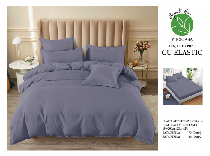 Lenjerii de pat Finet 6 piese cu Elastic,Uni,Gri inchis-UT13 [1]