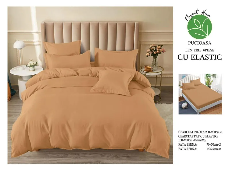 Lenjerii de pat Finet 6 piese cu Elastic,Uni,Maro-UT20 [1]