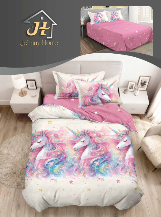 Set lenjerie de pat cu unicorni colorati si stelute, roz-P115 [1]