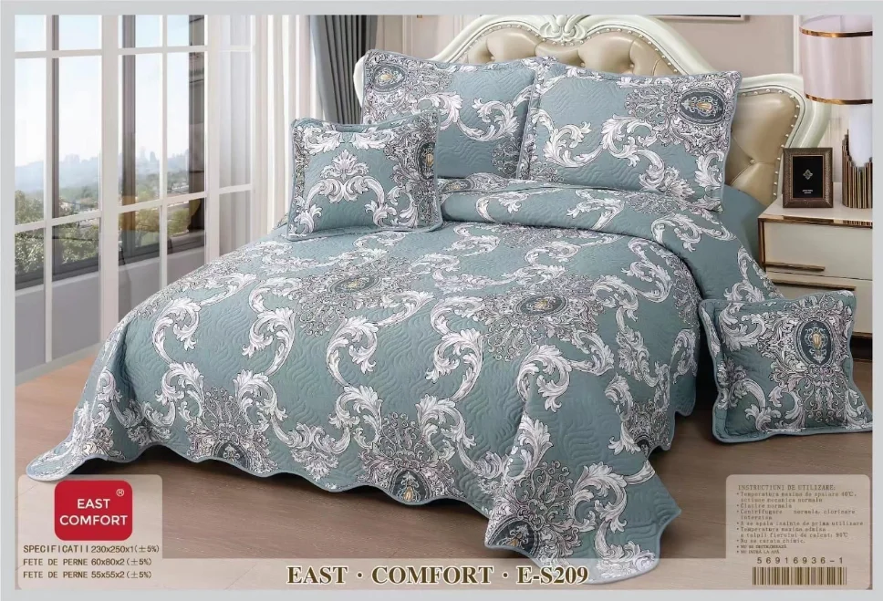 CUVERTURI - Cuvertura matlasata din bumbac 5 piese, albastru cu motive florale argintii-ES209