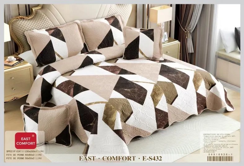 Cuverturi de Bumbac - Cuvertura matlasata din bumbac 5 piese, geometric bej maro si alb-ES432