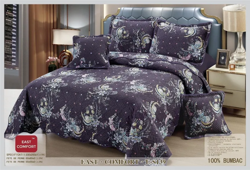 Cuverturi de Bumbac - Cuvertura matlasata din bumbac 5 piese,Indigo cu FLORI-ES139